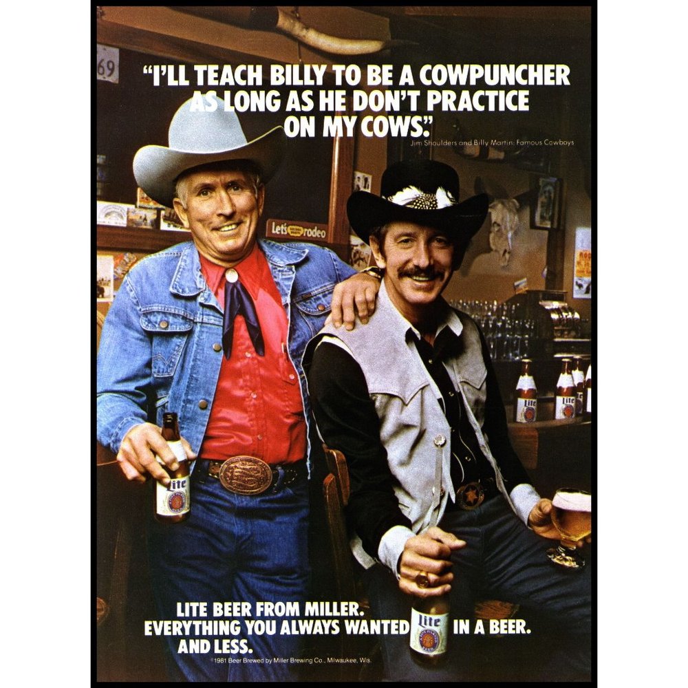 1981 Miller Light Beer Vintage Print Ad Cowboy Hat Bar Cowpuncher Man Cave Art